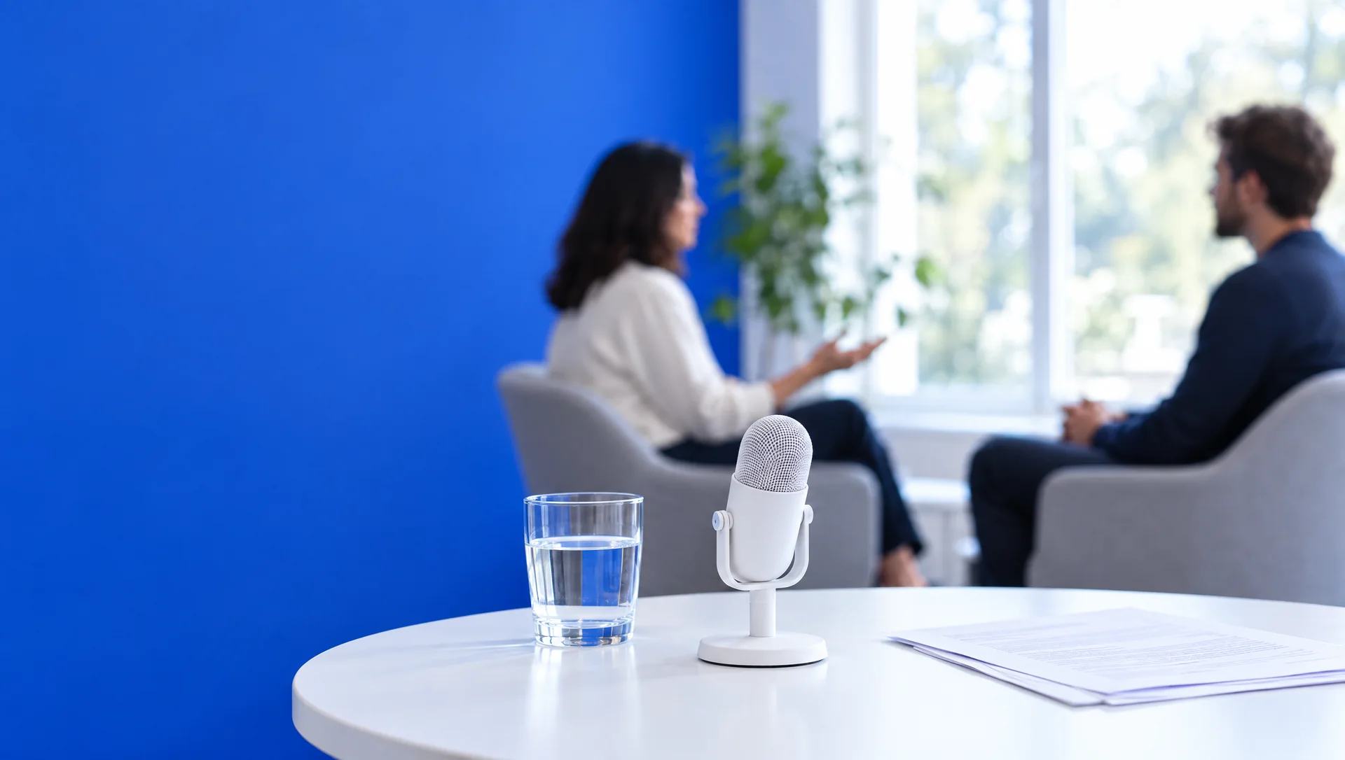 Un entretien enregistré dans une pièce claire au mur bleu : deux personnes de part et d’autre d’une table ronde, un micro blanc et un verre d’eau au premier plan.