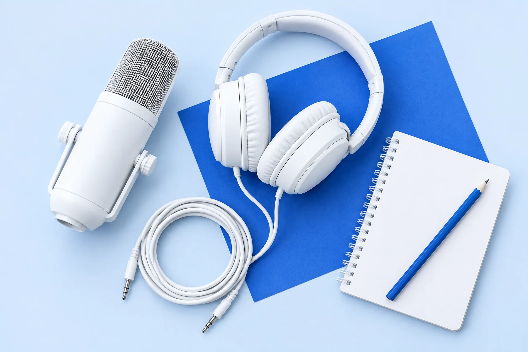 Vus de dessus sur fond bleu : un micro blanc, un casque blanc et son câble enroulé, un carnet à spirale et un crayon bleu.