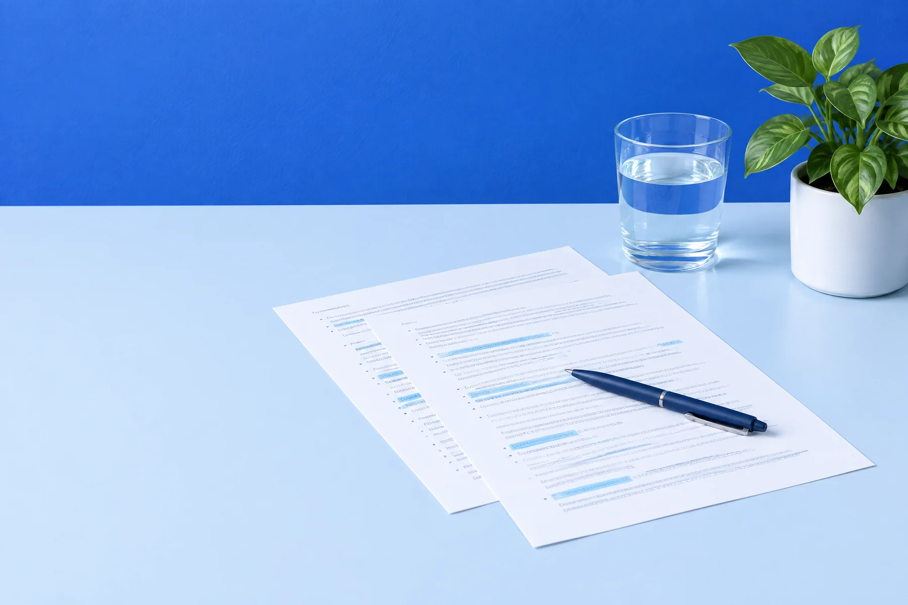 Deux feuilles imprimées aux lignes surlignées de bleu, un stylo bleu posé dessus, un verre d’eau et une plante, devant un mur bleu.