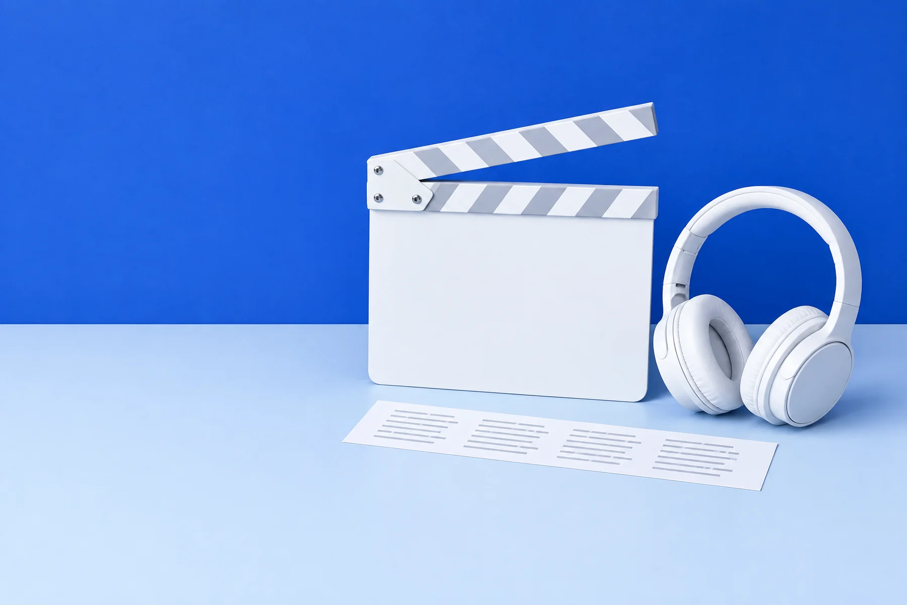 Un clap de cinéma blanc et un casque blanc devant un mur bleu ; au premier plan, une bande de papier posée à plat porte quatre blocs de lignes de texte.