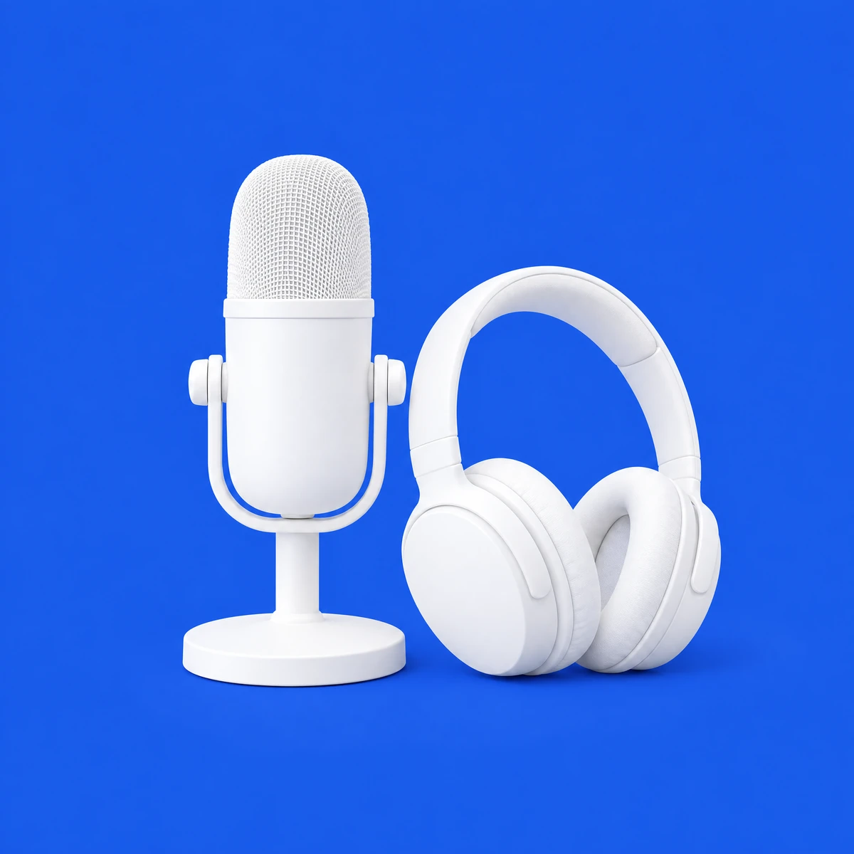 Un micro de studio blanc et un casque blanc posés côte à côte sur un fond bleu vif.