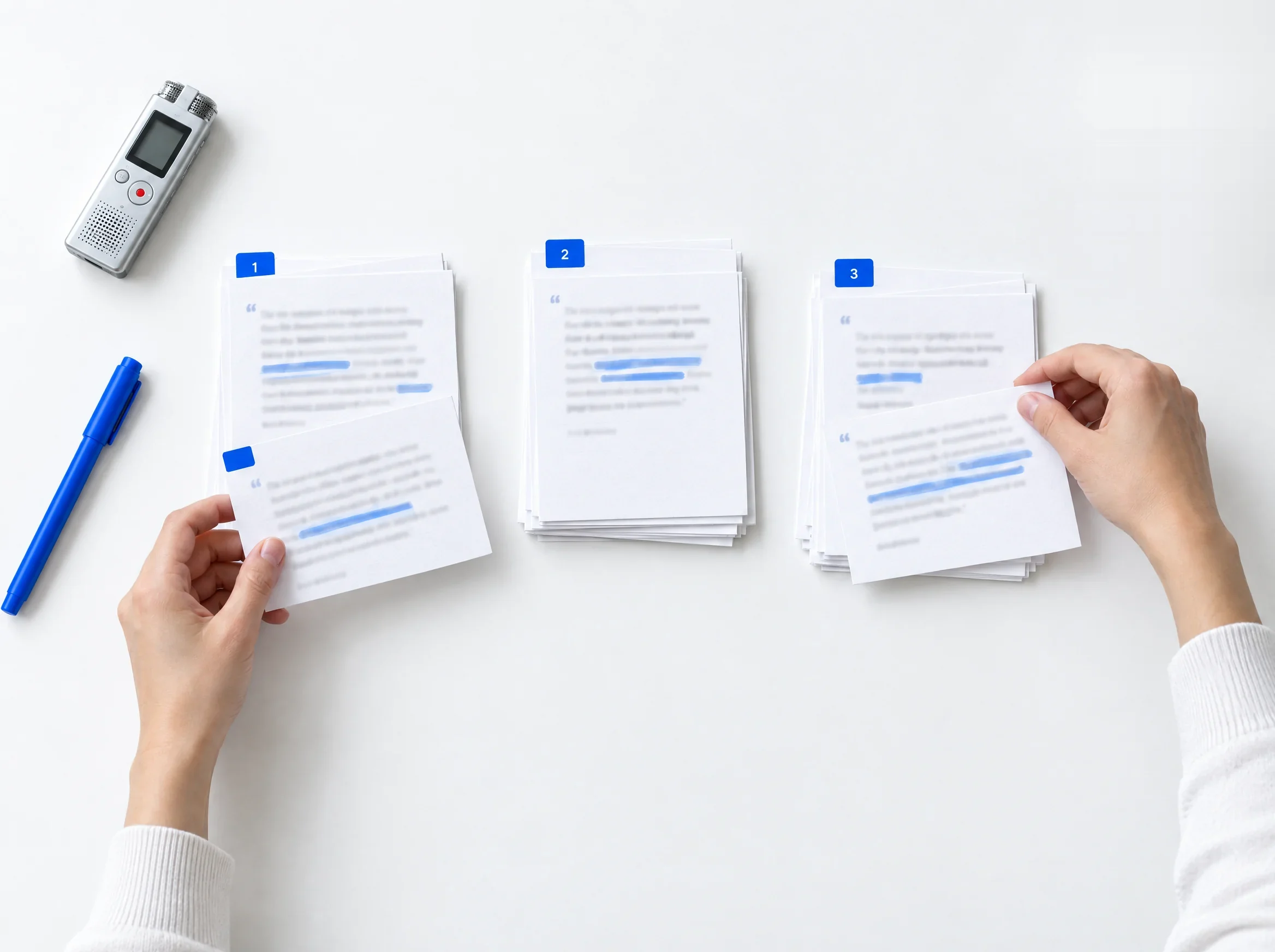 Illustration : deux mains classent des fiches d'extraits d'entretien en trois piles numérotées, surlignées de bleu, à côté d'un enregistreur et d'un stylo bleu.