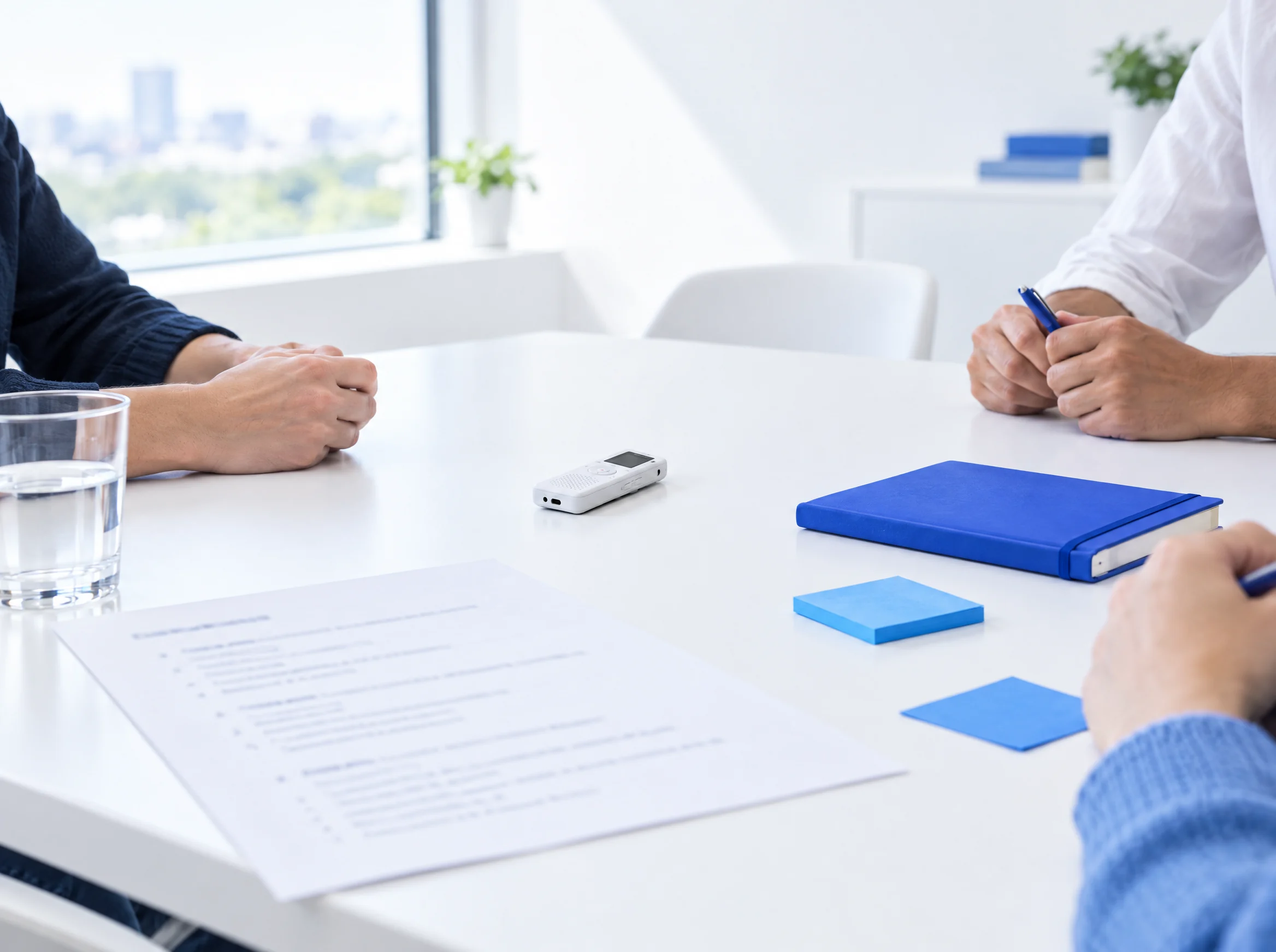 Illustration : une table de réunion claire, un petit enregistreur posé au centre, un ordre du jour imprimé, un carnet et des notes adhésives bleus, les mains des participants autour.