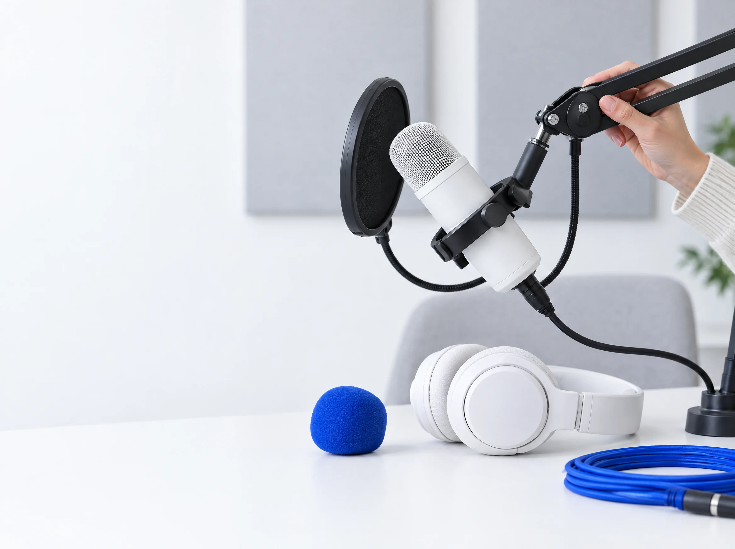 Illustration : un micro de studio blanc sur bras articulé, qu'une main ajuste, un casque blanc, une bonnette et un câble bleus, dans un studio clair.