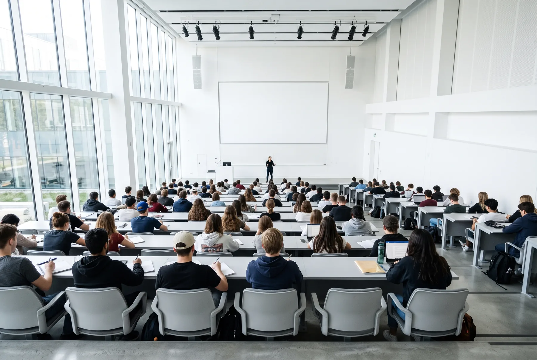 Un cours en amphithéâtre vu du fond de la salle.