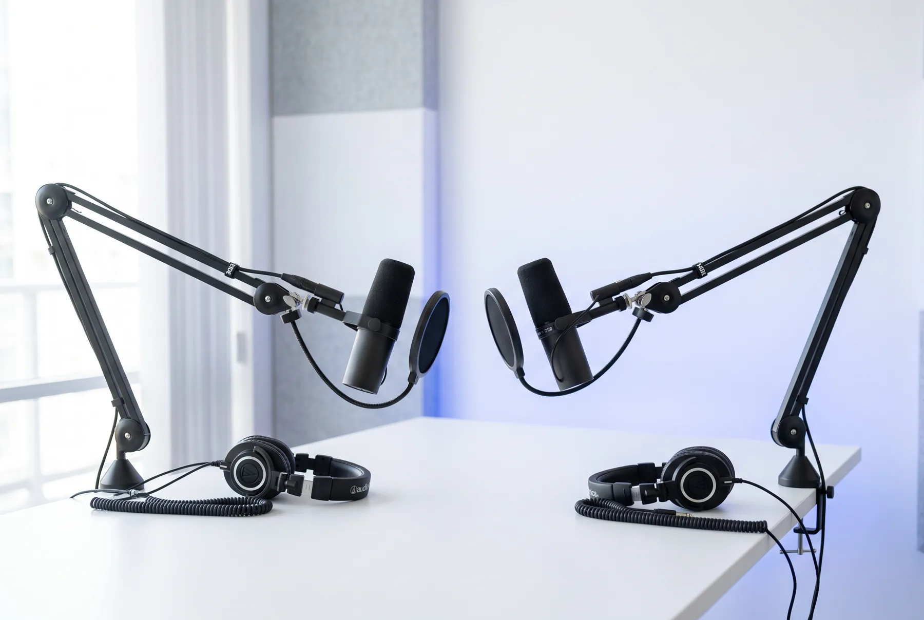 Un studio de podcast avec deux micros.